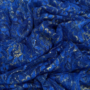 Royal Blue Lace - Metallic Gold Highlights - Poly/Lycra, 58" Wide - Roll Ends