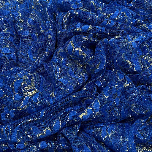Royal Blue Lace - Metallic Gold Highlights - Poly/Lycra, 58" Wide - Roll Ends