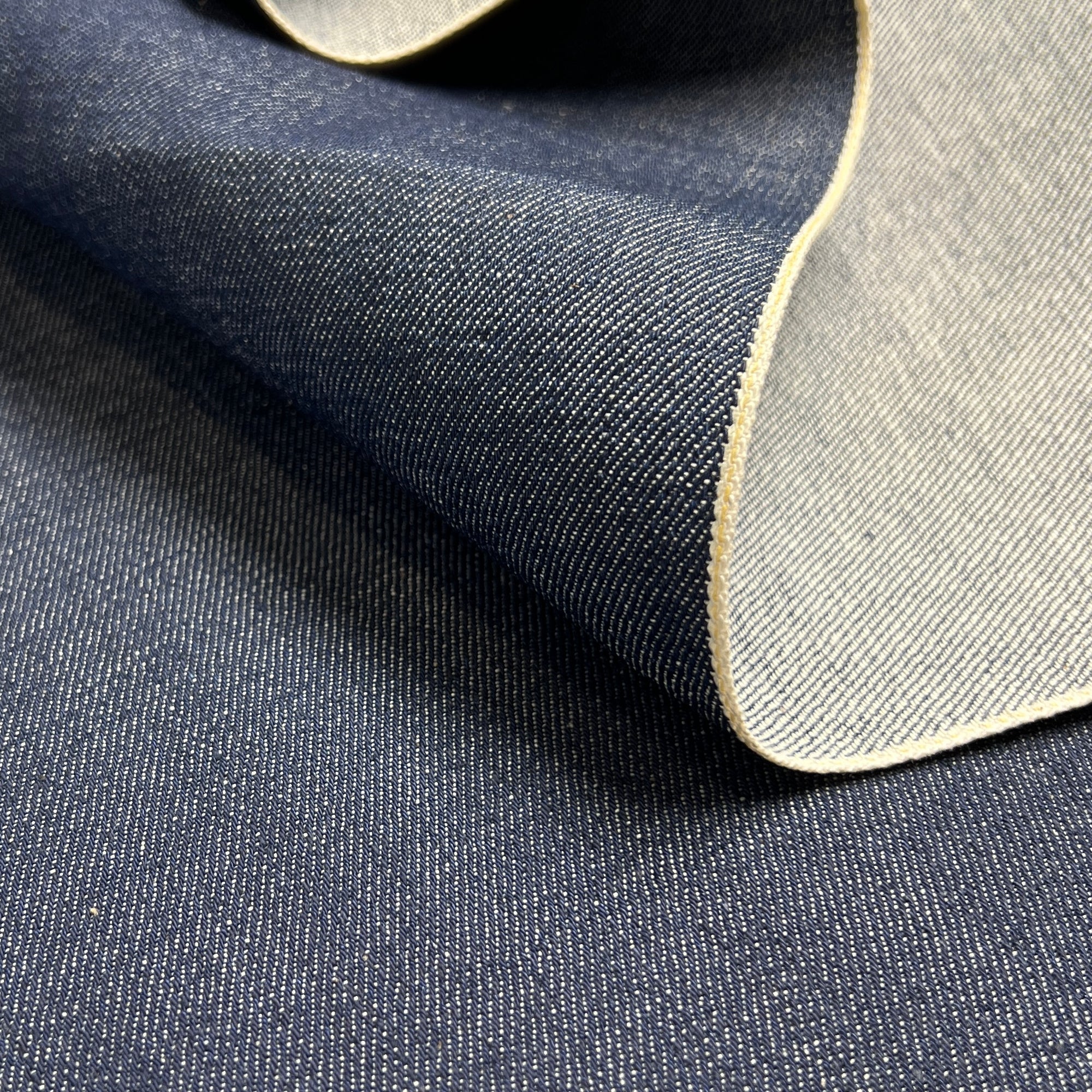 Close-up of denim fabric with a visible closed selvedge edge