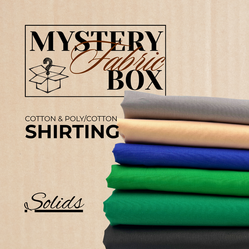 Stack of fabric swatches with 'Mystery Fabric Box' text on a beige background