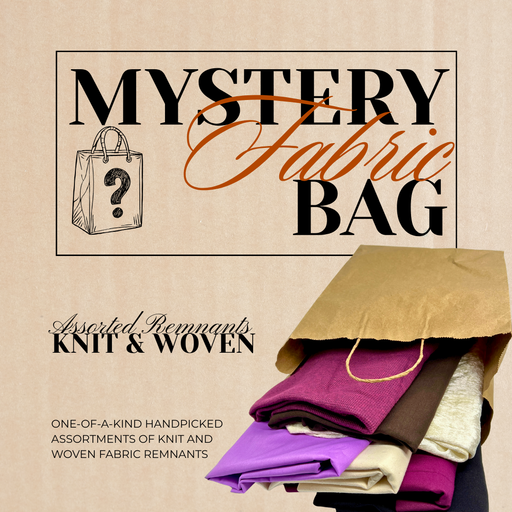 Promotional image for a mystery fabric bag with fabric remnants and text on a beige background.