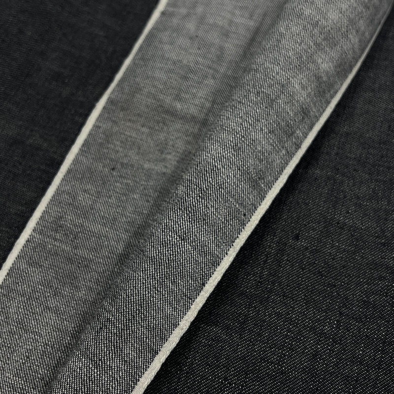 Closeup of selvedge edge of black yarn dye selvedge denim.