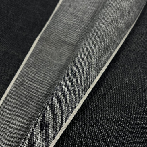 Closeup of selvedge edge of black yarn dye selvedge denim.