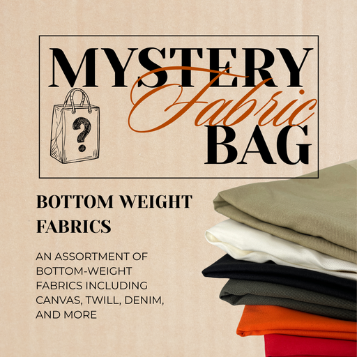 A banner for a mystery fabric bag of bottom weight woven materials showing an assortment of the kinds of fabrics that might be included. 