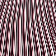 A close-up of a striped fabric pattern featuring vertical wavy stripes in deep burgundy, light pink, white, and thin black lines.