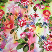 A close-up of a watercolor floral pattern featuring pink and red roses, green leaves, and small blue flowers on a soft pastel background.