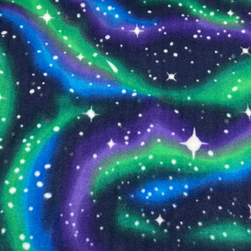 A close-up of a galaxy and aurora pattern with swirling waves of green, blue, purple, and black, dotted with white stars.