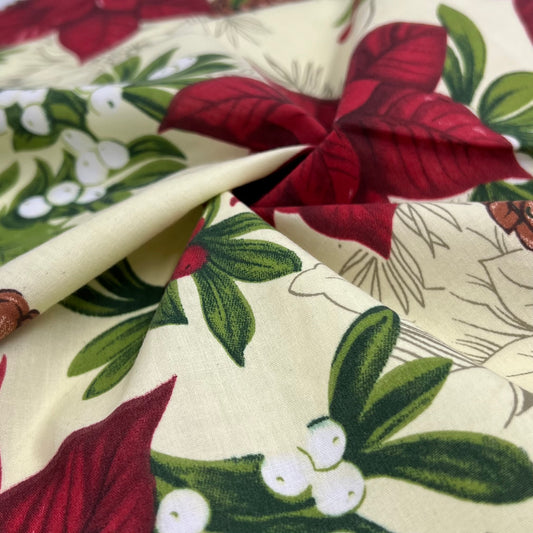 Pine & Poinsettias - Ivory | Print Poly/Cotton Shirting - SKU 7634A #U17