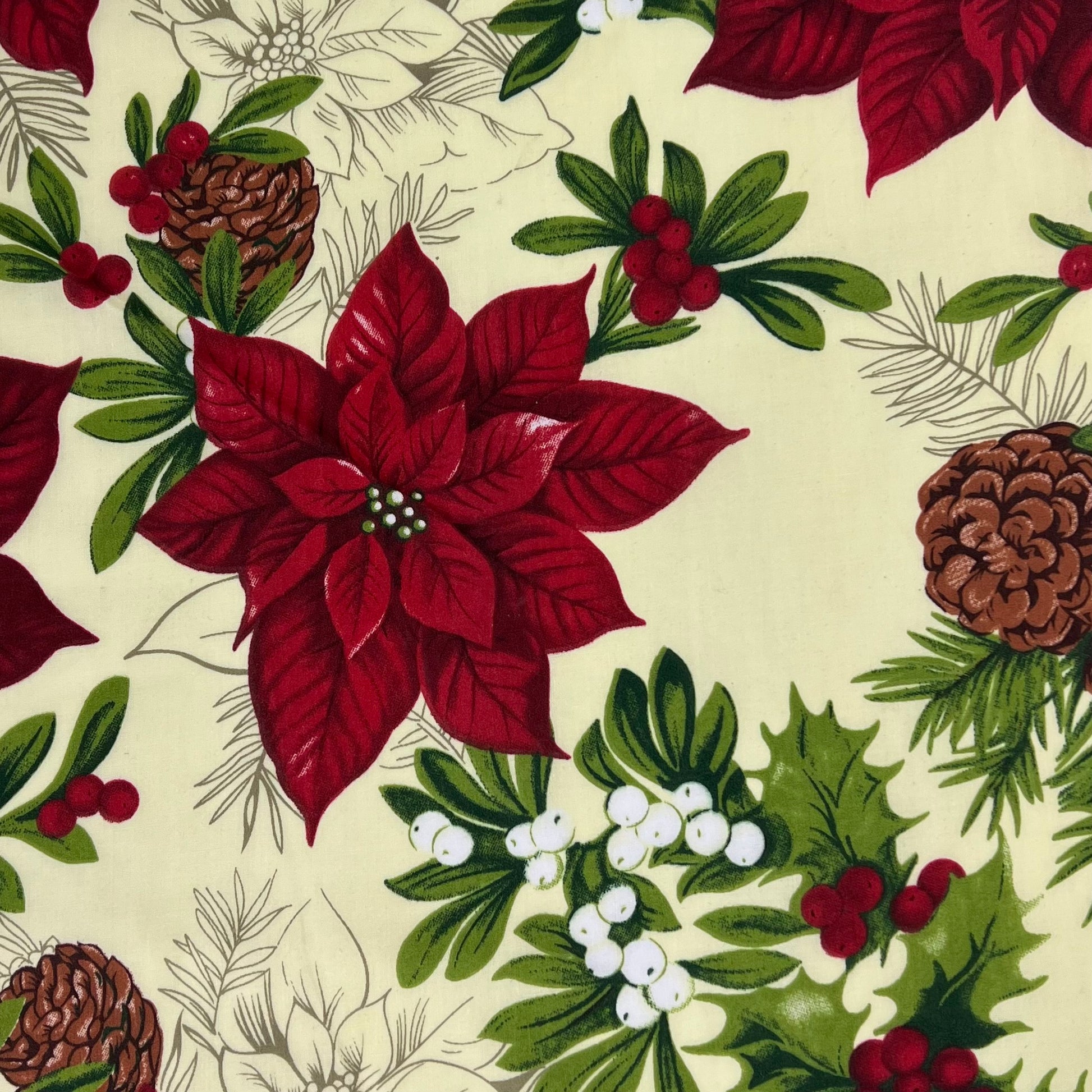 Pine & Poinsettias - Ivory | Print Poly/Cotton Shirting - SKU 7634A #U17