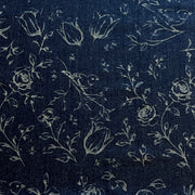 Dark navy blue fabric with a light beige floral and bird pattern, featuring roses, tulips, and small birds.