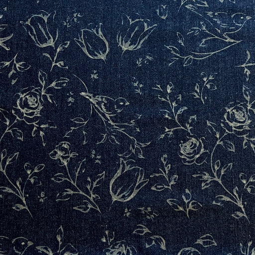 Dark navy blue fabric with a light beige floral and bird pattern, featuring roses, tulips, and small birds.