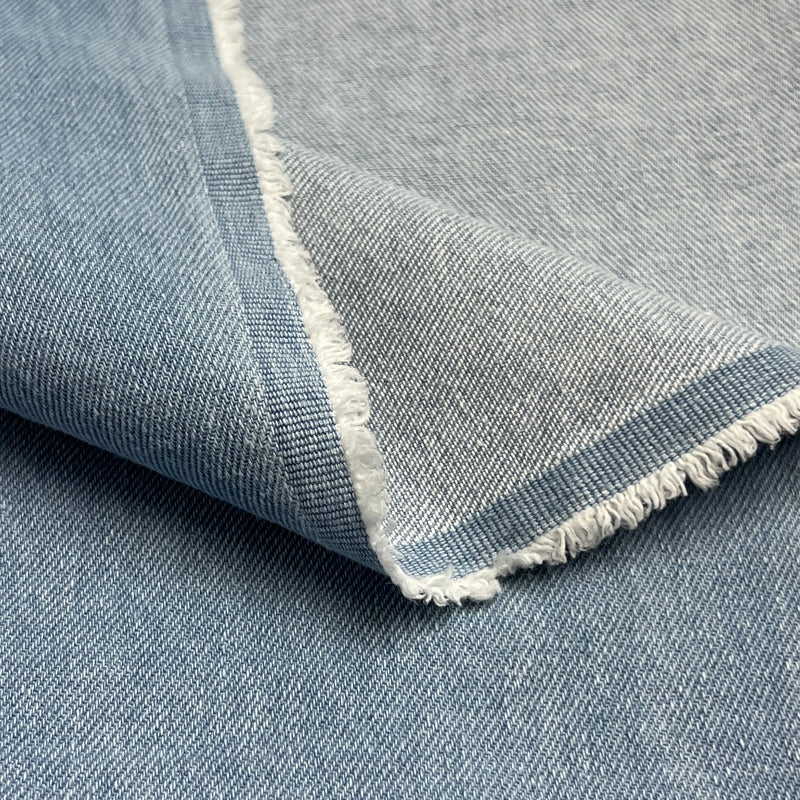 Light blue washed denim folded over the selvedge to show off face and reverse