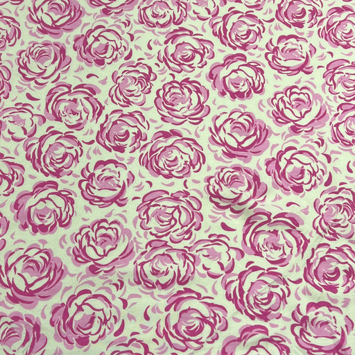 A close-up of a repeating floral pattern featuring pink roses on a light cream background.