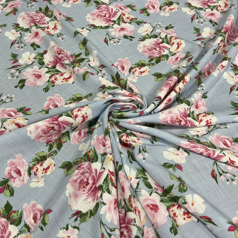 Mock-Linen Slubbed Rayon Challis - Baby Blue Roses - SKU 7953 #S99