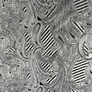 Black and white paisley pattern with stripes, featuring intricate doodle-style paisley motifs and diagonal striped sections.