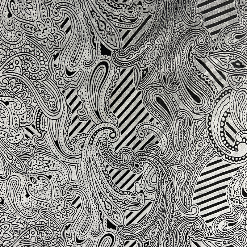 Black and white paisley pattern with stripes, featuring intricate doodle-style paisley motifs and diagonal striped sections.