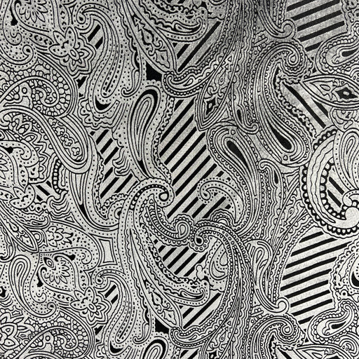 Black and white paisley pattern with stripes, featuring intricate doodle-style paisley motifs and diagonal striped sections.