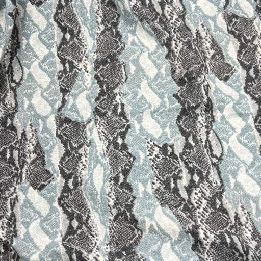 A close-up of a fabric pattern featuring vertical wavy stripes in black and gray snakeskin print over a light blue-gray background.