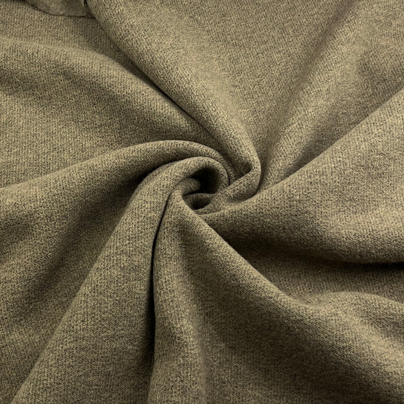 A close-up of textured fabric swirled in the center, showing a heathered olive green material with a fine woven pattern.