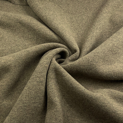 A close-up of textured fabric swirled in the center, showing a heathered olive green material with a fine woven pattern.