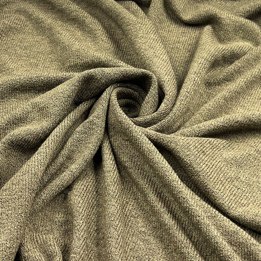 A close-up of draped olive green ribbed knit fabric, showing its soft texture and woven pattern.