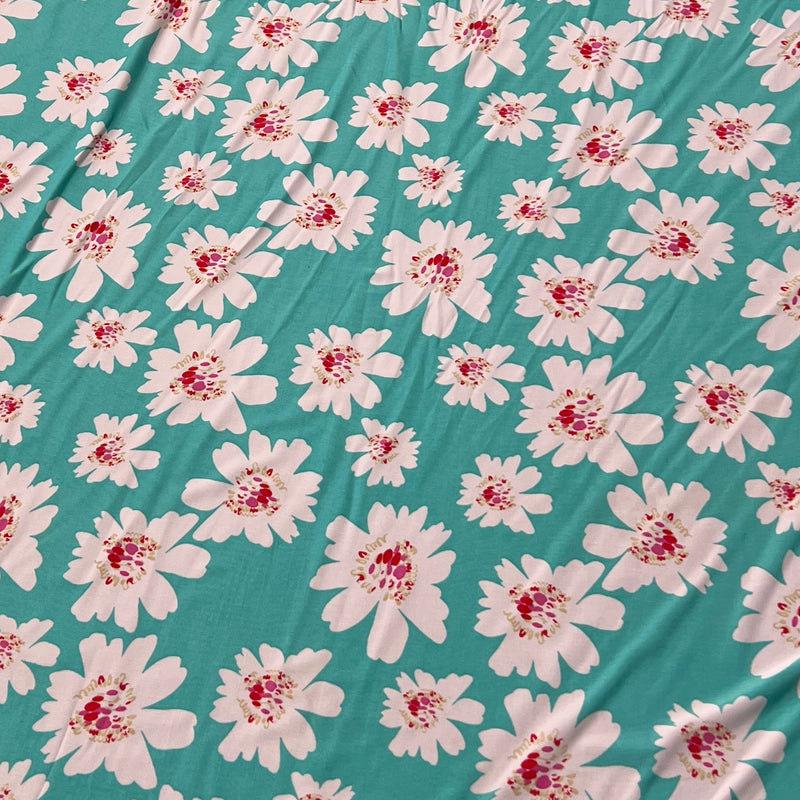 White Florals on Aqua Print Jersey - Poly/Lycra, 58/60" Wide - SKU 4221 #S72