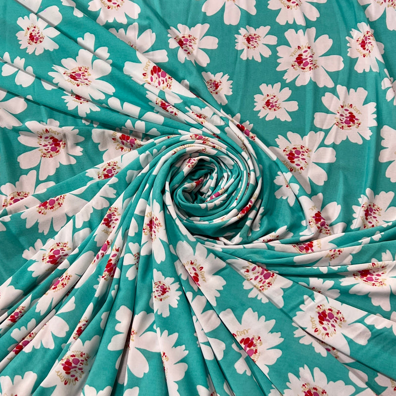 White Florals on Aqua Print Jersey - Poly/Lycra, 58/60" Wide - SKU 4221 #S72