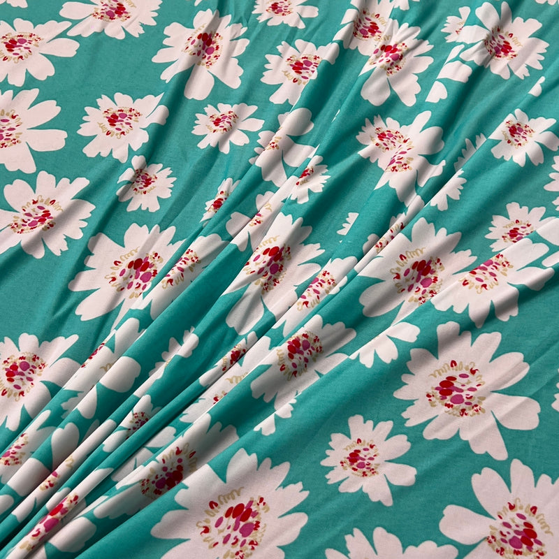 White Florals on Aqua Print Jersey - Poly/Lycra, 58/60" Wide - SKU 4221 #S72