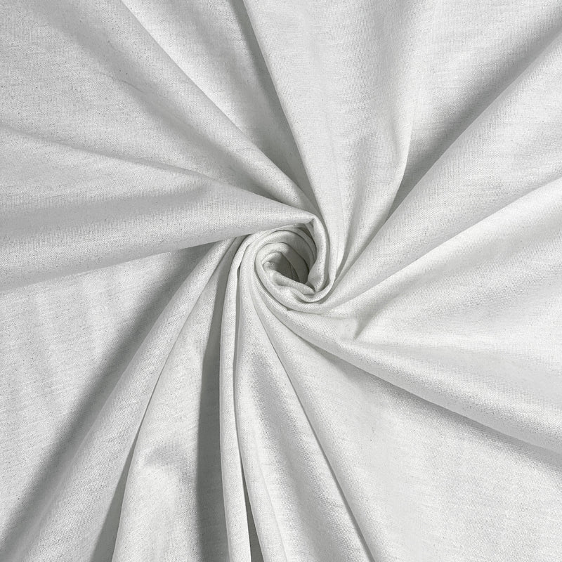 Closeup of white jersey knitted fabric with gold lurex threads knitted into the structure giving it a lustrous sheen