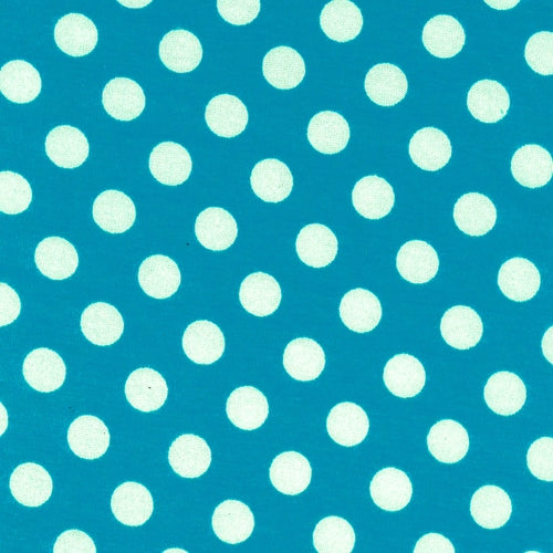 92/8% Cotton/Lycra, 60" Wide.  This jersey knit fabric features a smooth hand and four way stretch for added comfort and ease. The pattern features dots that are 1/2 inch wide.  It is perfect for making t-shirts, skirts, dresses, lounge wear and especially for children's wear! Easy care, wash on cool and dry as usual.