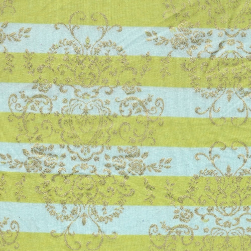 Apple/Aqua/Gold Foil Stripe Jersey Knit Print Fabric