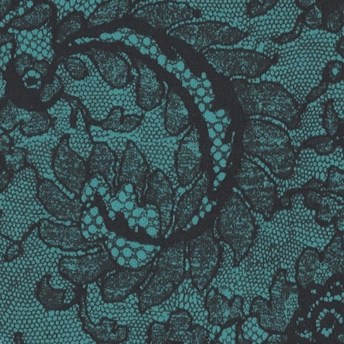 Morning Lace Aqua/Black 70 Denier Interlock Print Knit Fabric