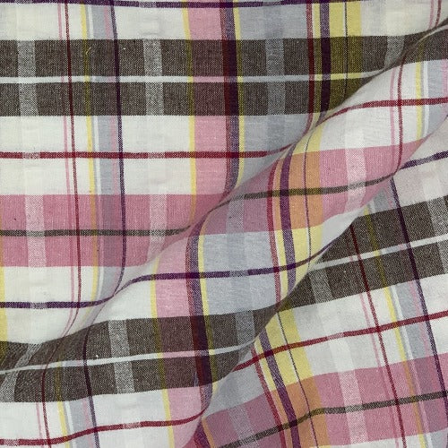 Moca/Pink #S156A Plaid STRETCH Spandex Seersucker Shirting Woven Fabric - SKU 6824A
