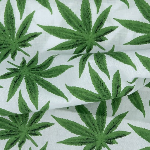 White/Green #S214 Cannabis Easycare Polyester/Cotton Print Woven Fabric-SKU 5824E