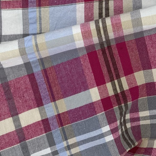 Ivory/Cranberry #S156A Plaid STRETCH Spandex Seersucker Shirting Woven Fabric - SKU 6824A