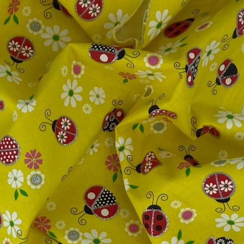 Yellow/ Silver #U164 Lady Bug Children Metallic Woven Print - SKU #6825