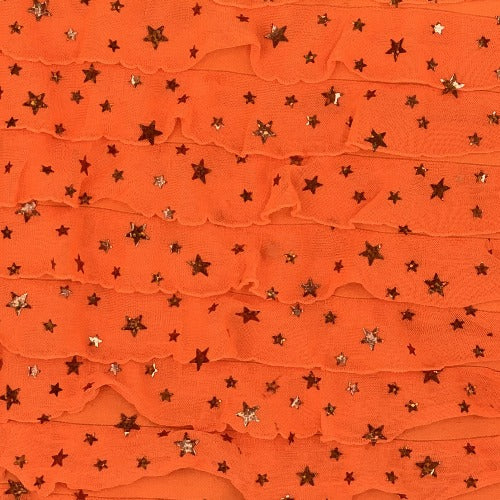 Orange Neon Ruffle Star Sequin Spandex Jersey Knit Fabric - SKU 3733