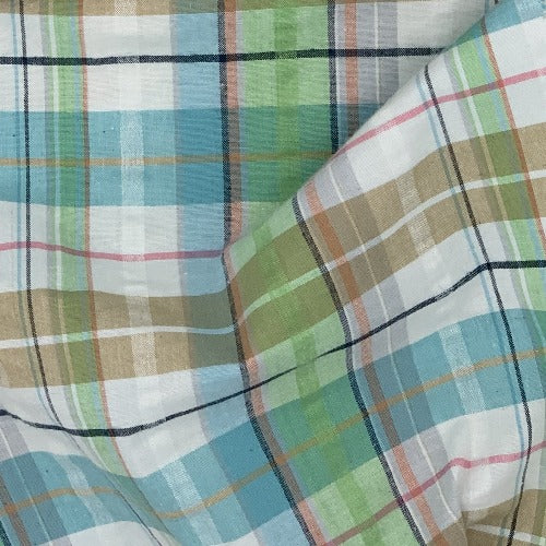 Kiwi/Tan #S156A Plaid STRETCH Spandex Seersucker Shirting Woven Fabric - SKU 6824A
