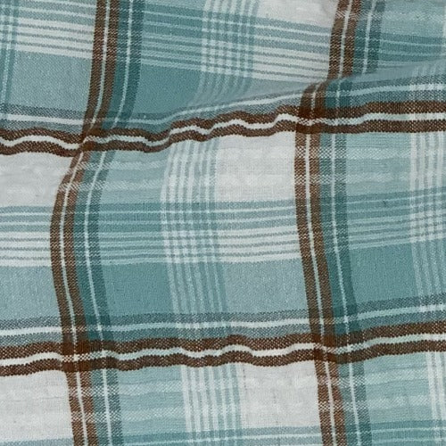 Aqua/Brown #S156A Plaid STRETCH Seersucker Shirting Woven Spandex Fabric - SKU 6824A